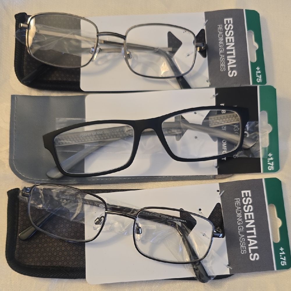 3 Essentials Reading Glasses Trio - Black and Silver Unisex  +1.75 NEW